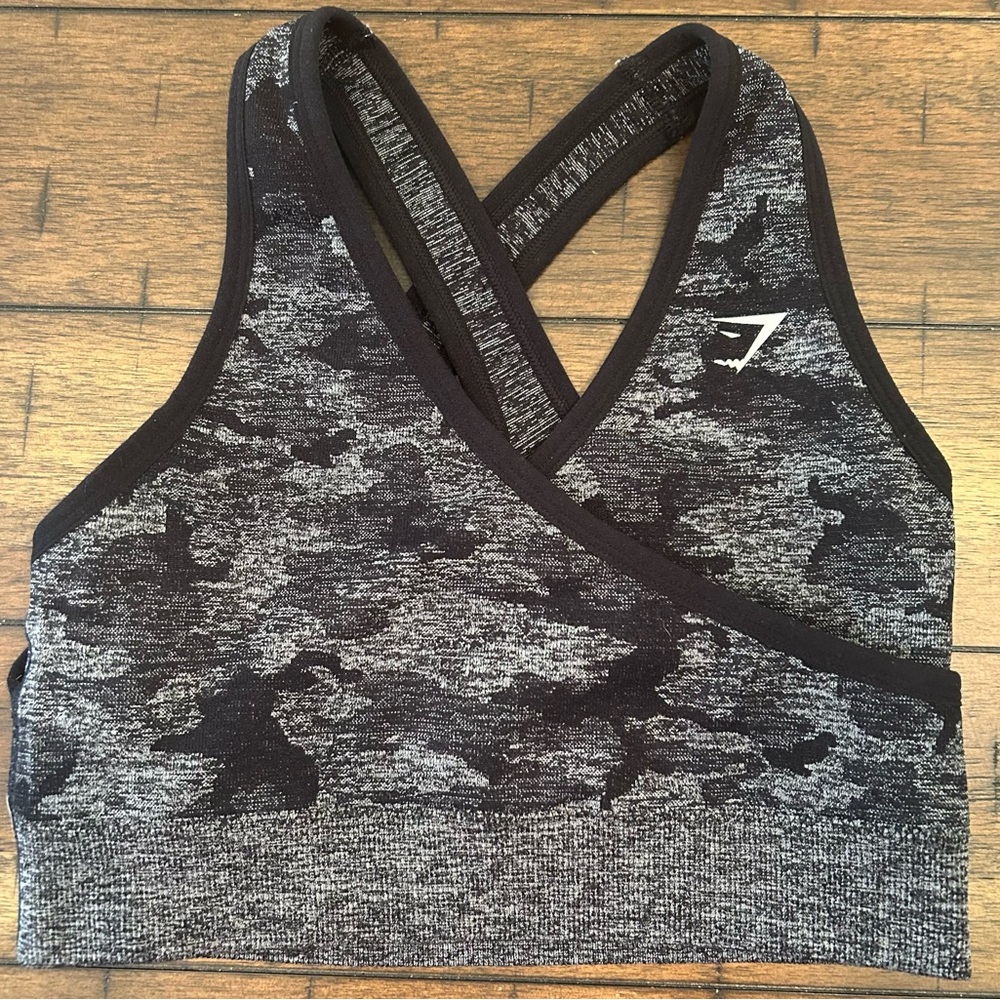 Gymshark Black and Gray Camo Sports Bra